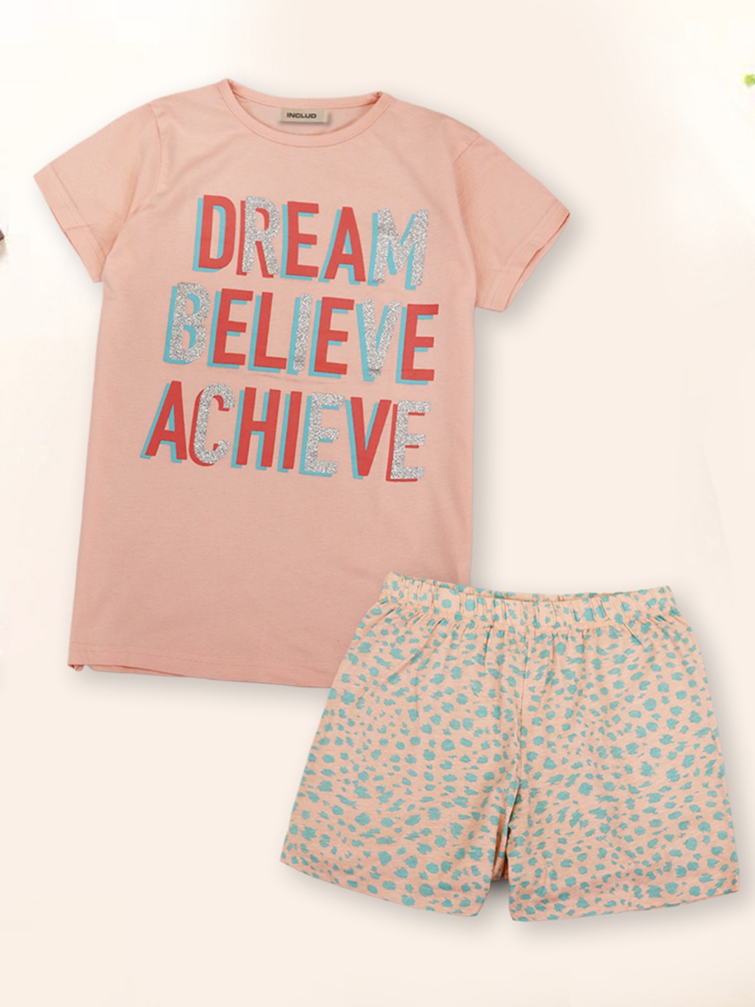 

INCLUD Girls Typography Printed T-shirt with Shorts, Peach