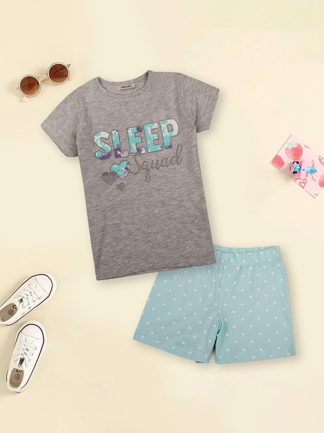 

INCLUD Girls Typography Printed T-shirt with Shorts, Grey