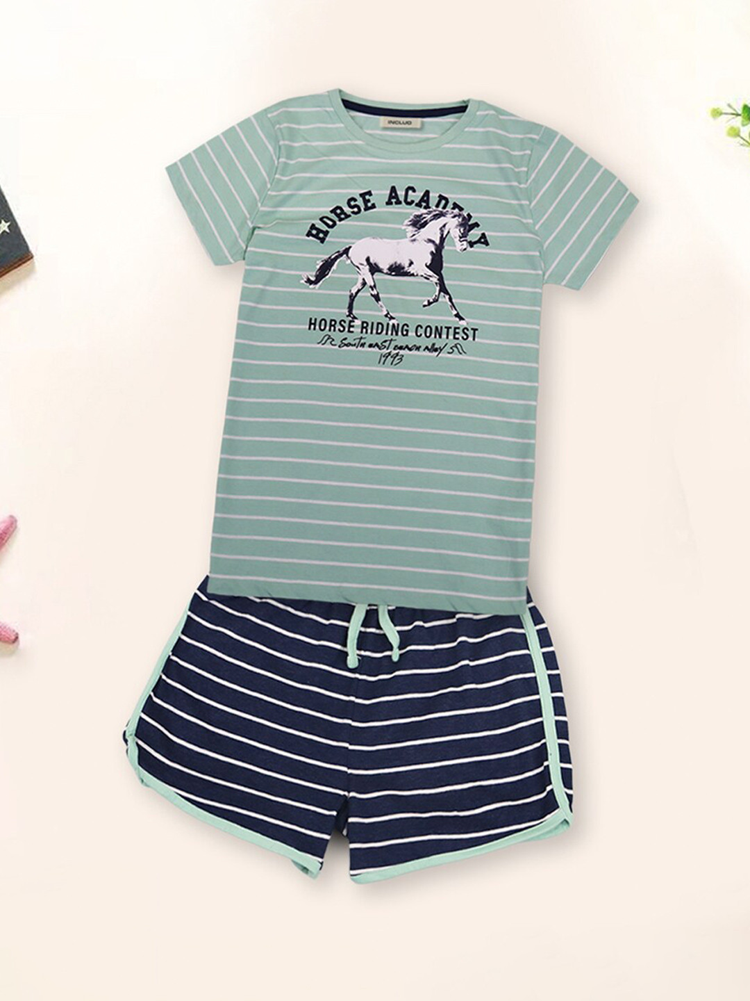 

INCLUD Girls Graphic Printed T-shirt with Shorts, Navy blue