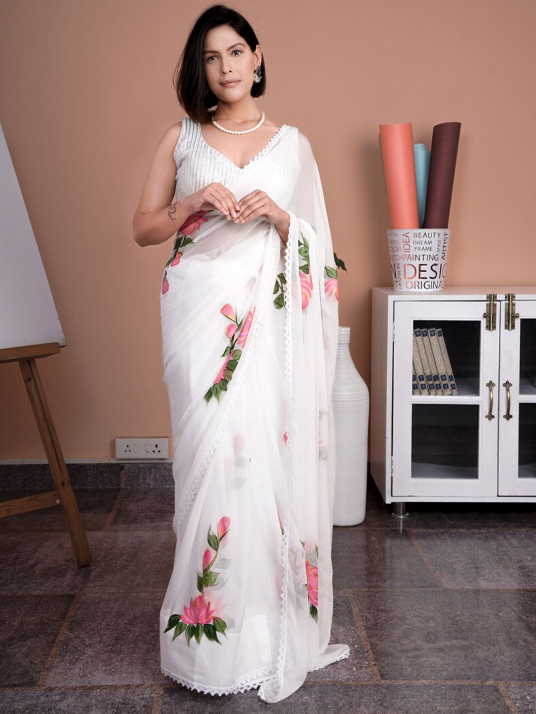 

DiraByDimple Floral Printed Pure Chiffon Saree, White