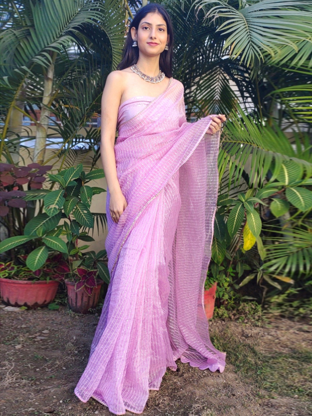 

DiraByDimple Striped Gotta Patti Organza Saree, Lavender
