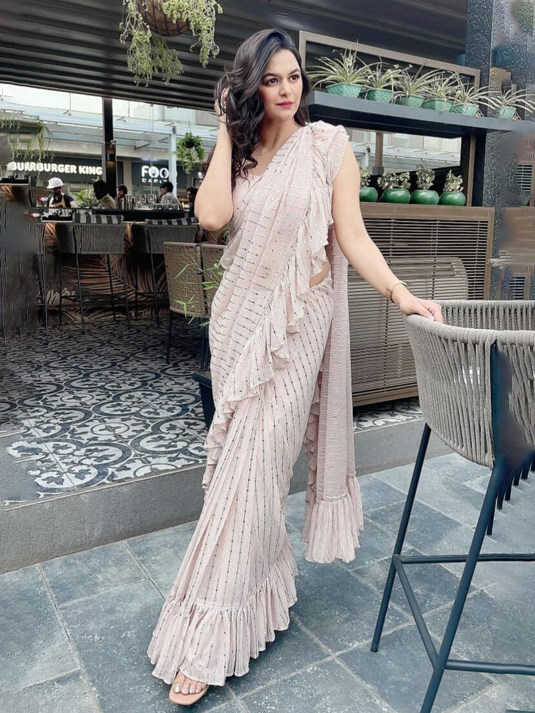 

DiraByDimple Striped Ruffle Saree, Beige