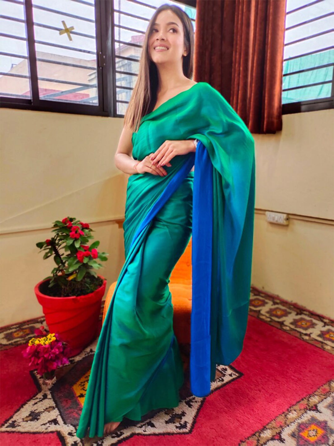 

DiraByDimple Satin Saree with Blouse Piece, Green