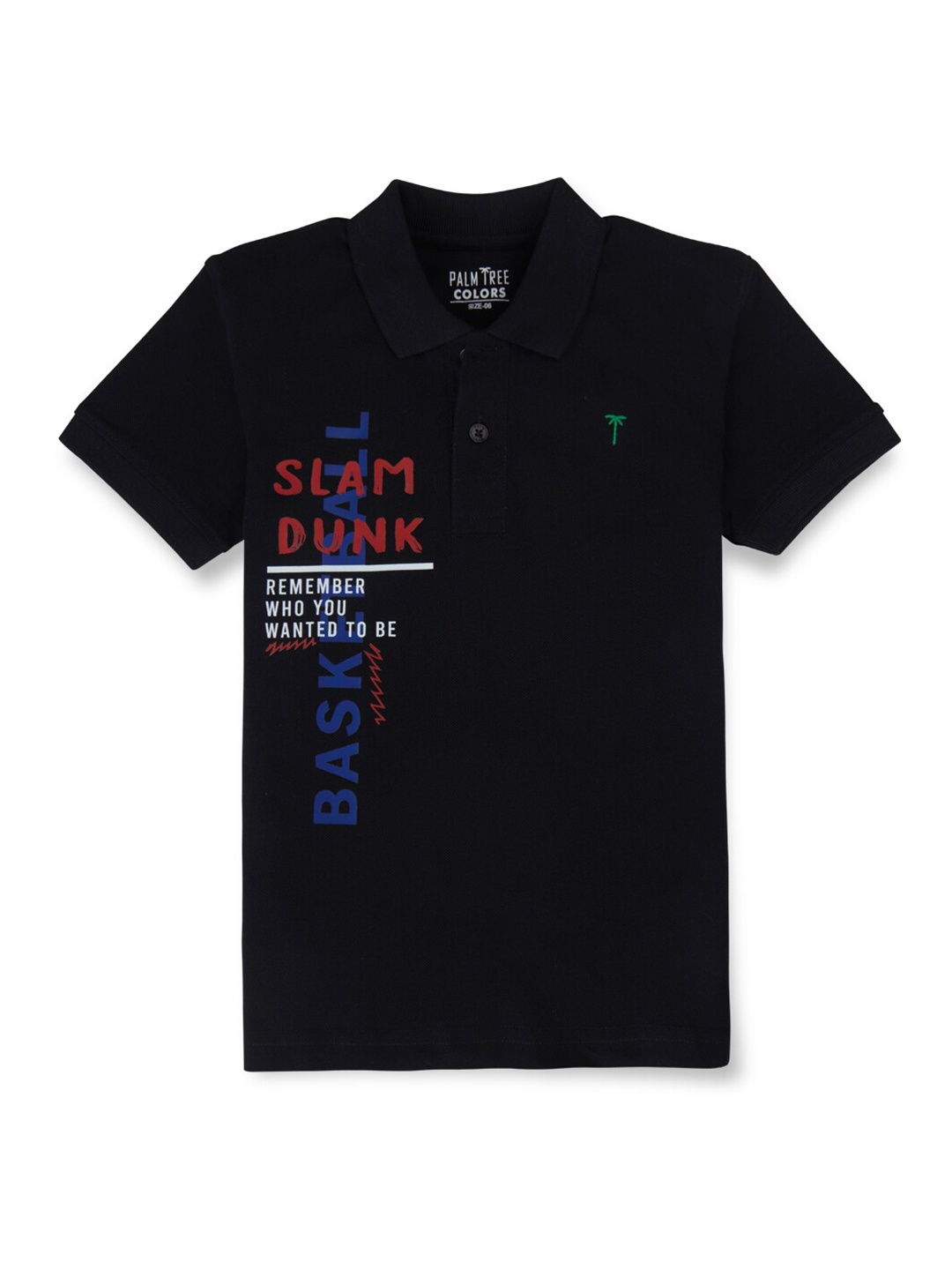 

Palm Tree Boys Typography Printed Polo Collar Cotton T-shirt, Black
