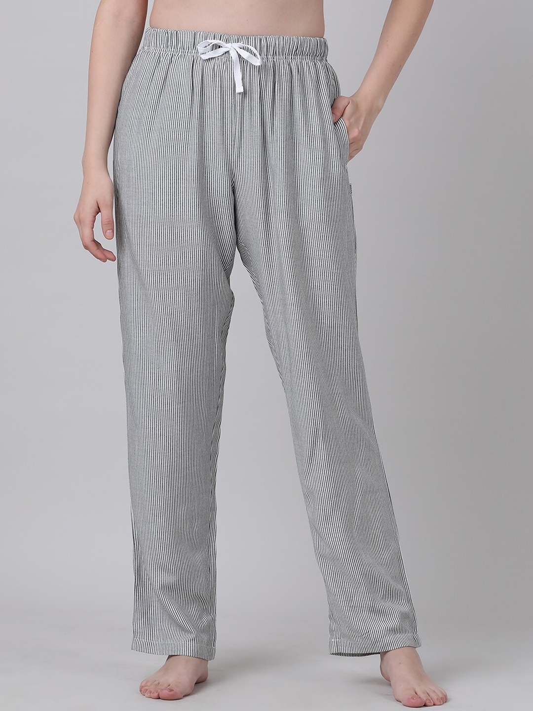 

mackly Women Striped Pure Cotton Lounge Pants, Grey