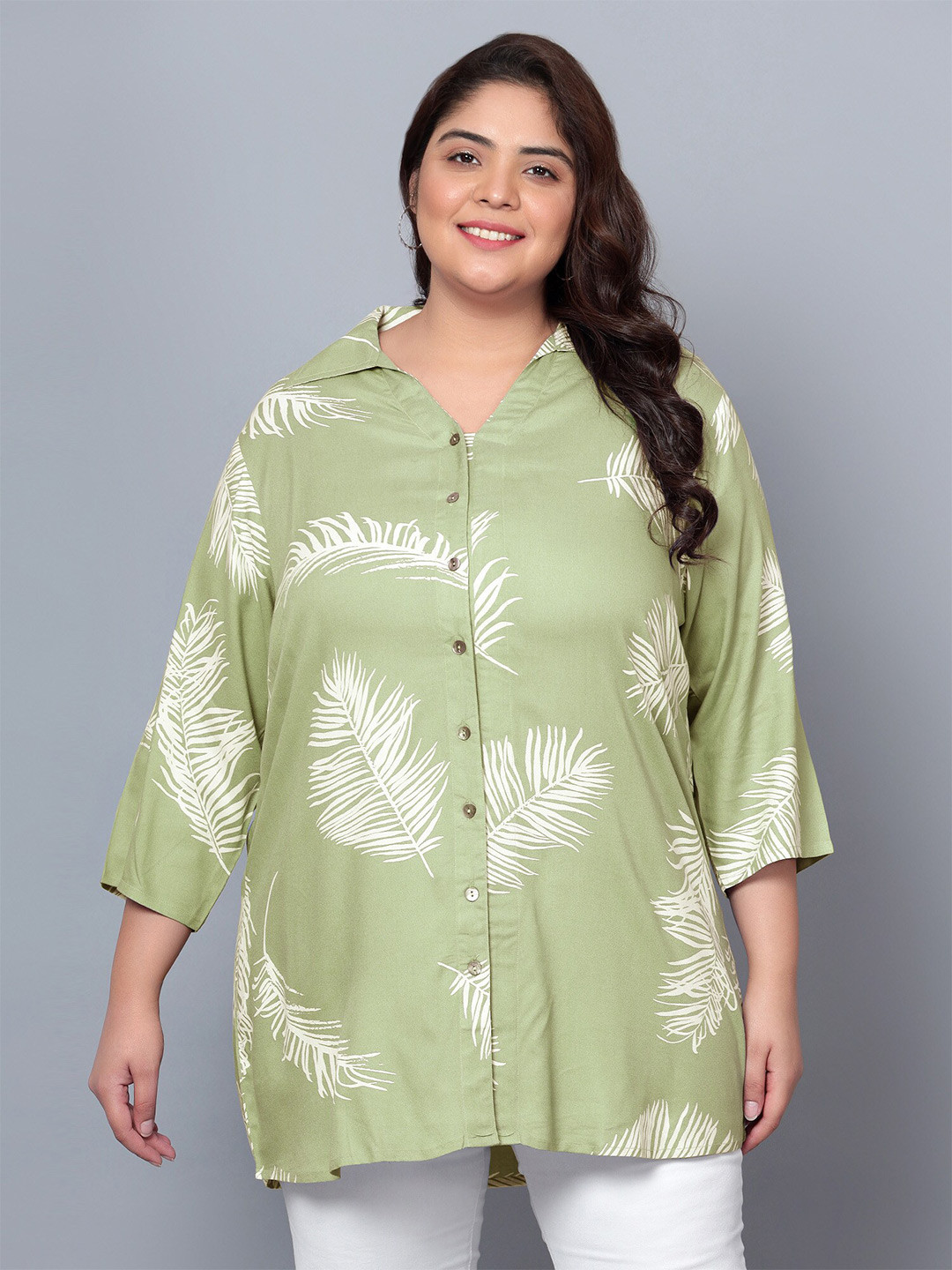 

Indietoga Plus Size Tropical Printed Longline Casual Shirt, Green
