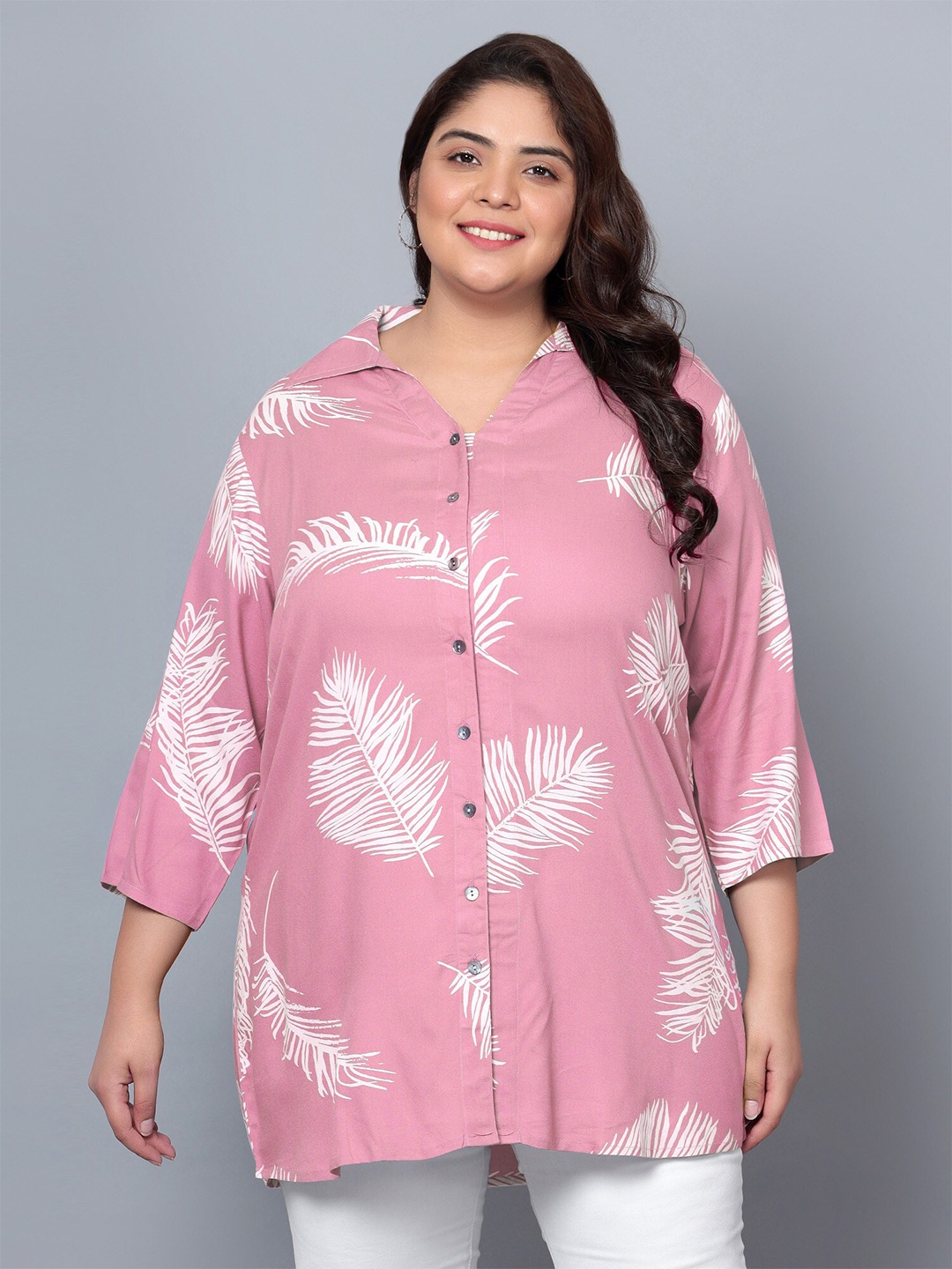 

Indietoga Plus Size Tropical Printed Longline Casual Shirt, Pink