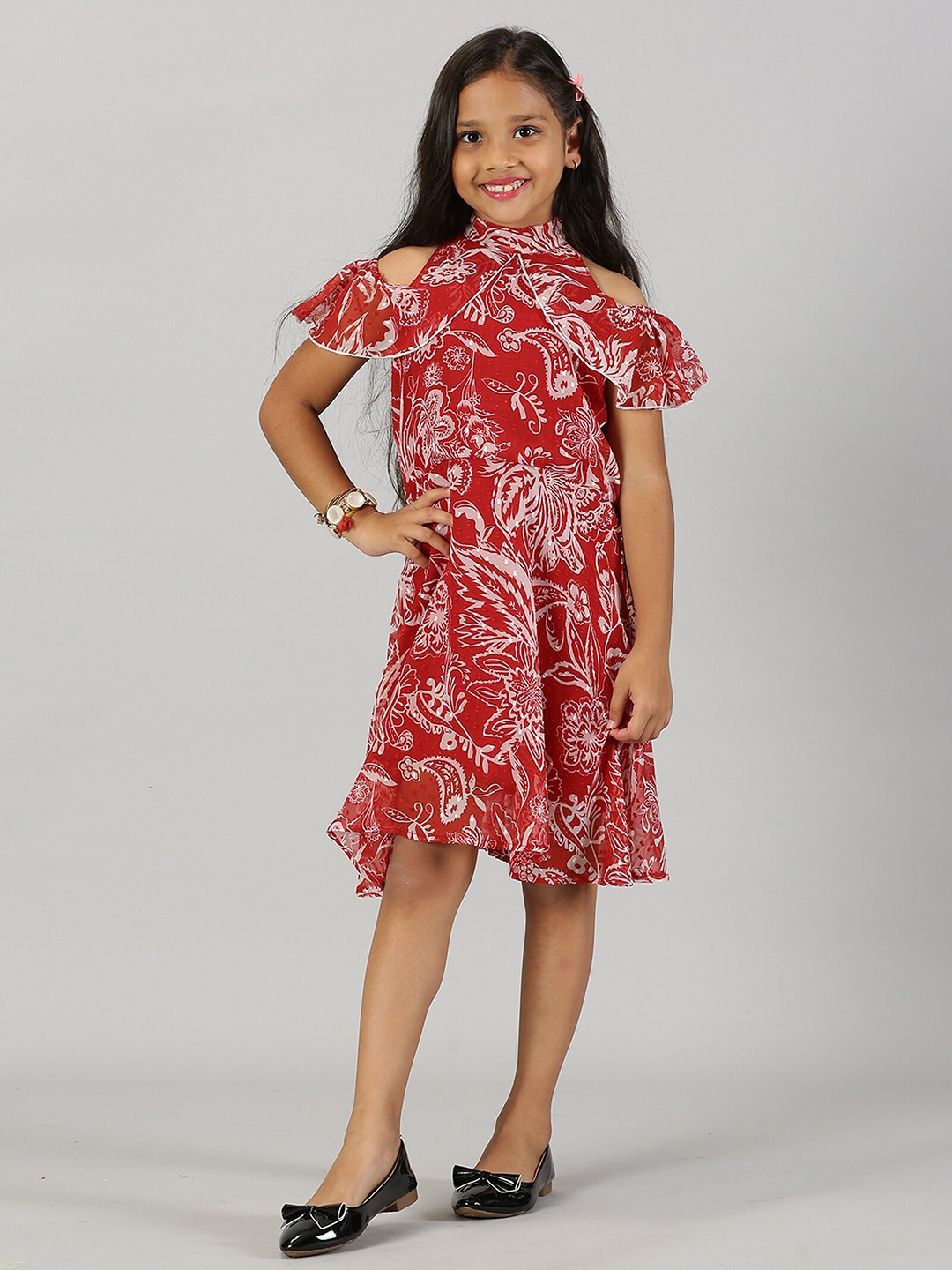 

KiddoPanti Girls Floral Printed Cold-Shoulder Georgette Fit & Flare Dress, Red