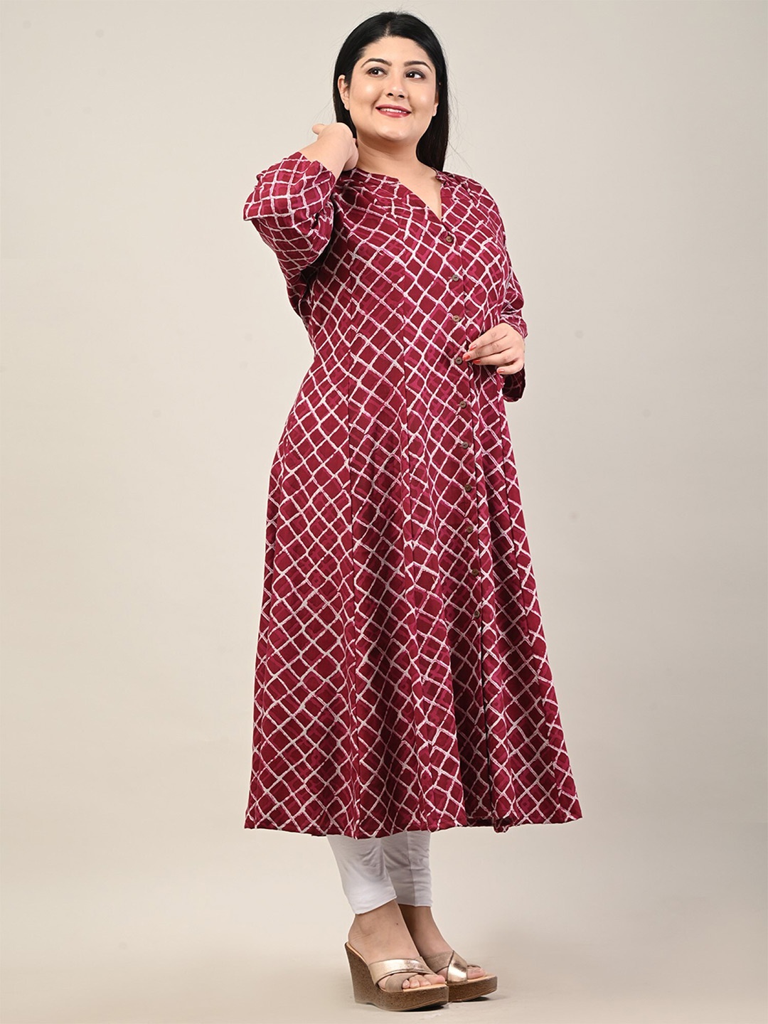 

KALINI Geometric Printed A-Line Midi Kurta, Maroon
