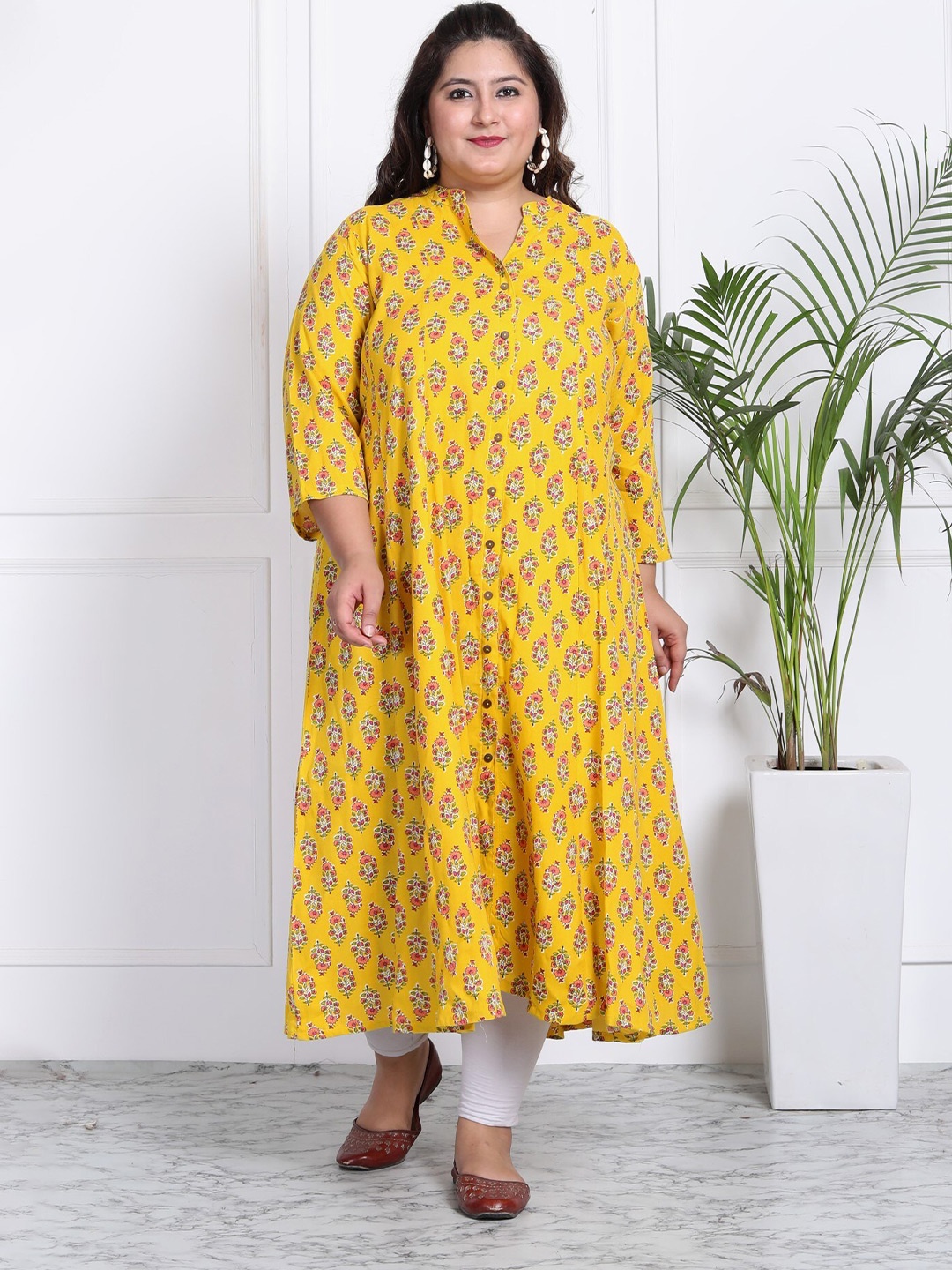 

KALINI Floral Printed Mandarin Collar A-Line kurta, Yellow