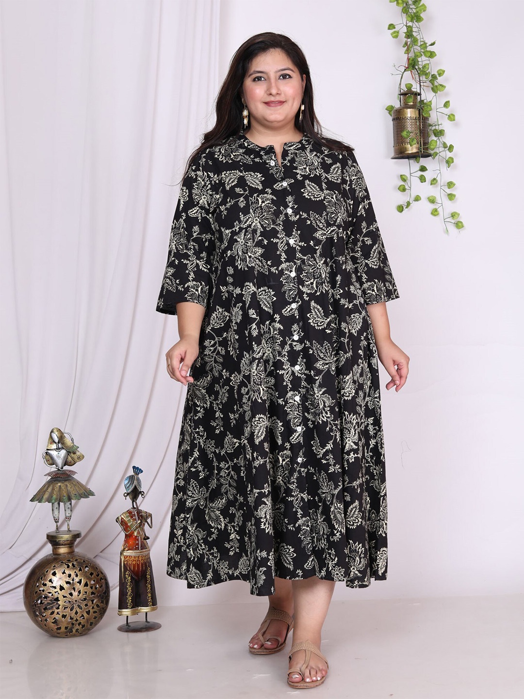 

KALINI Plus Size Floral Printed Mandarin Collar A-Line Dress, Black