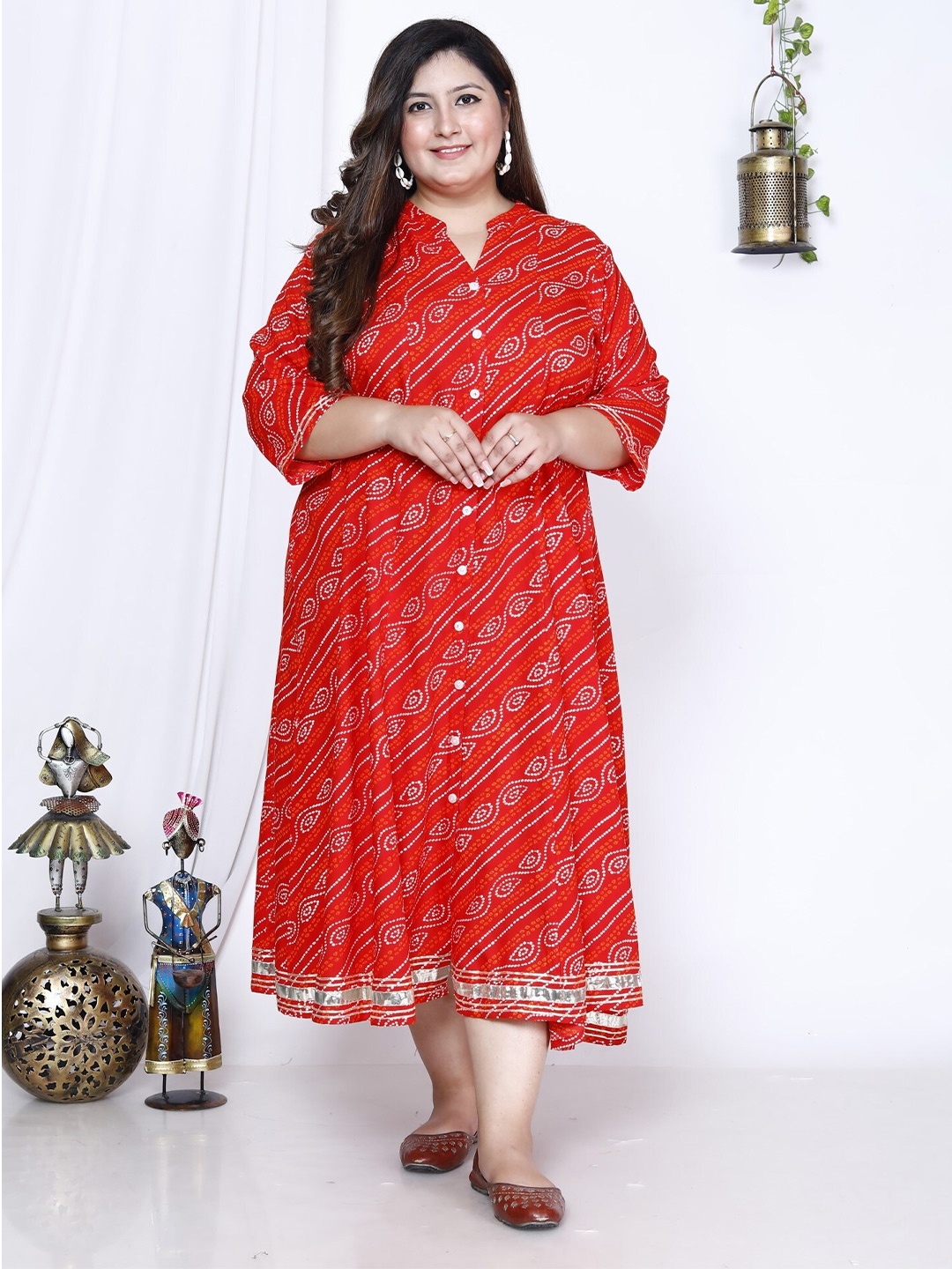 

KALINI Plus Size Ethnic Motifs Printed Mandarin Collar A-Line Dress, Red