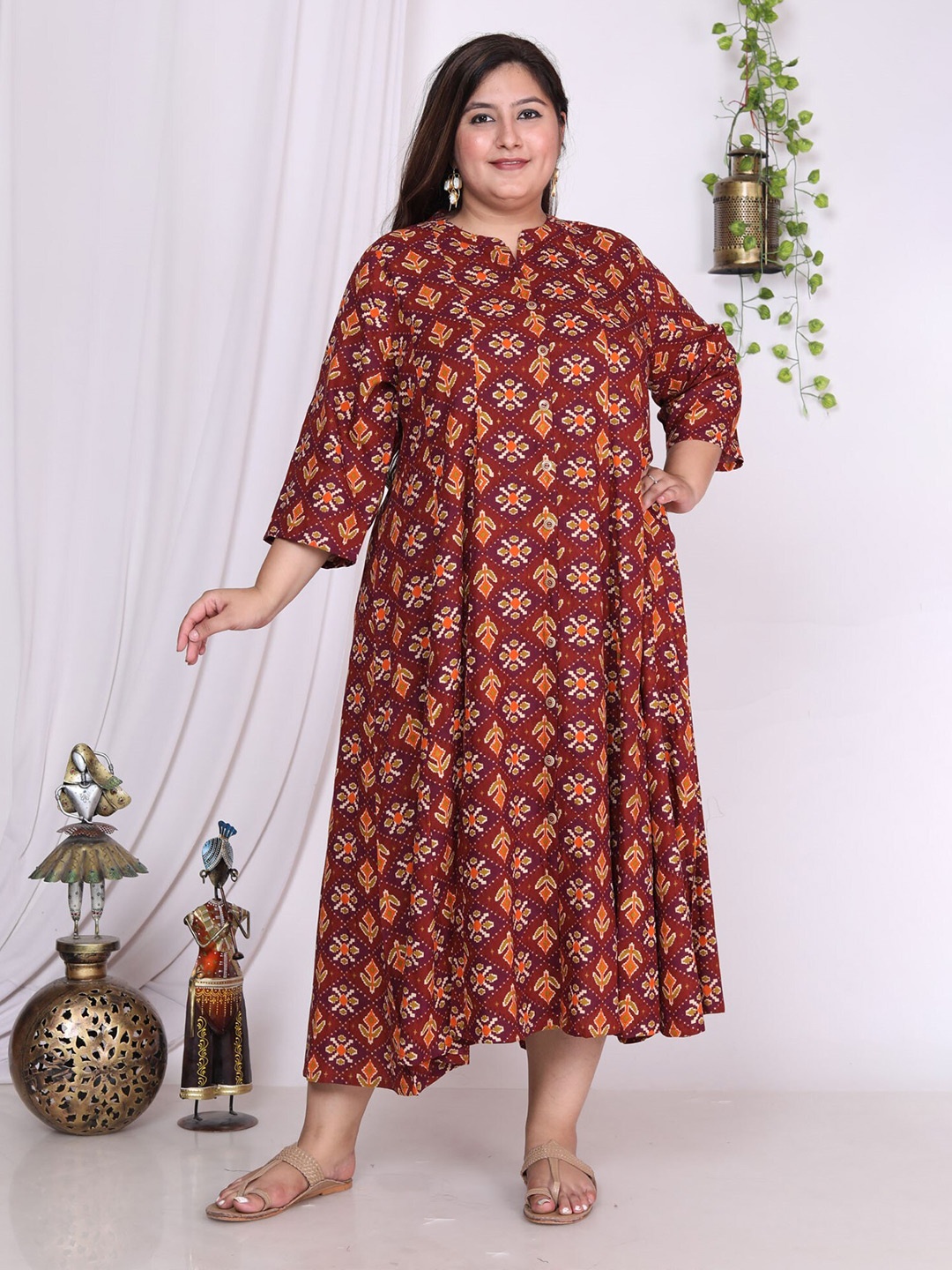 

KALINI Plus Size Ethnic Motifs Printed Mandarin Collar A-Line Dress, Maroon