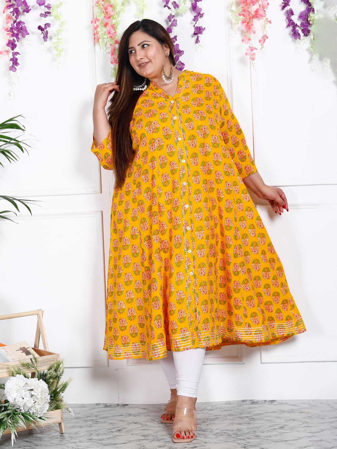 

KALINI Plus Size Floral Print A-Line Midi Dress, Yellow