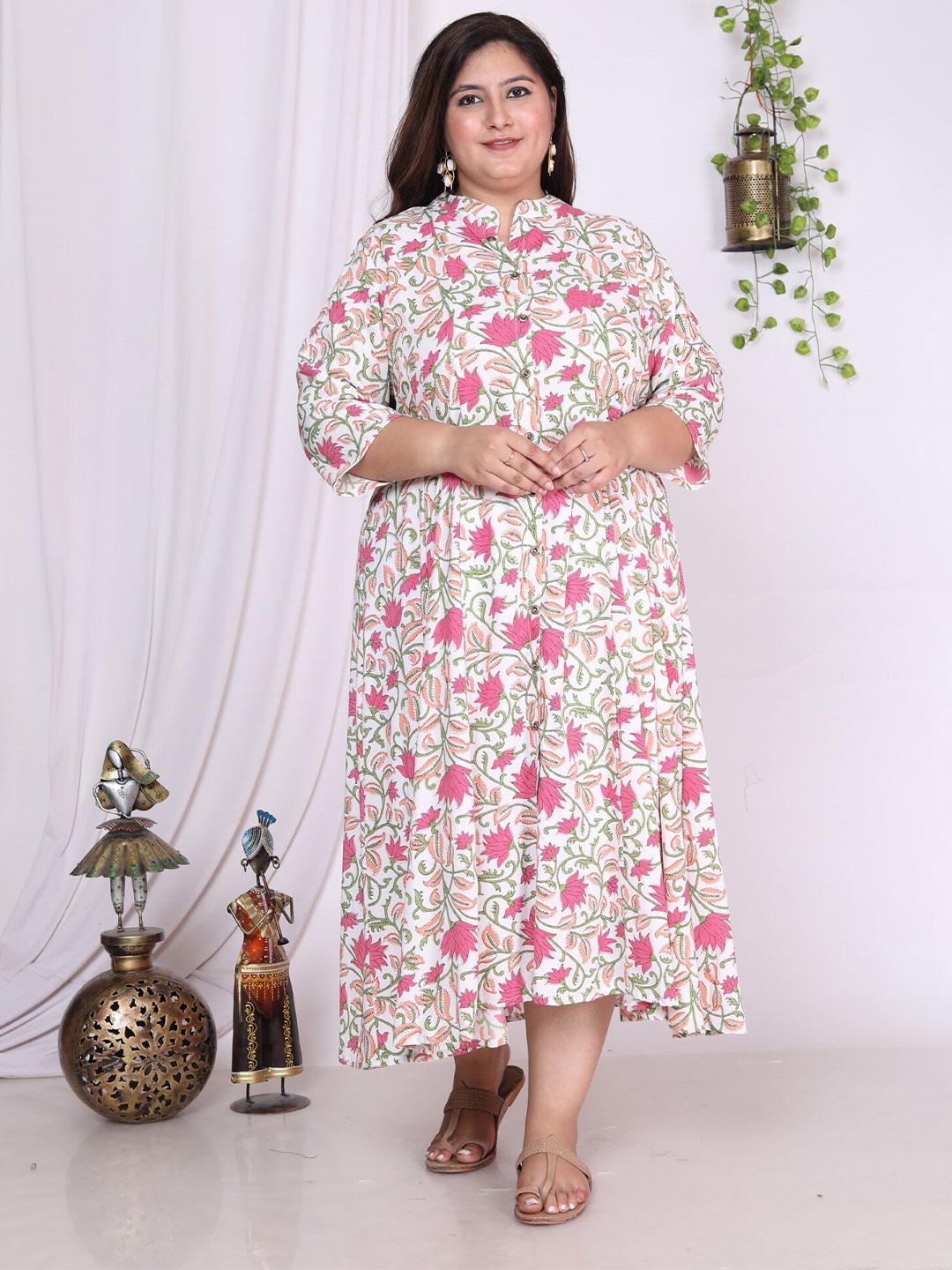 

KALINI Plus Size Floral Printed Mandarin Collar A-Line Dress, Off white