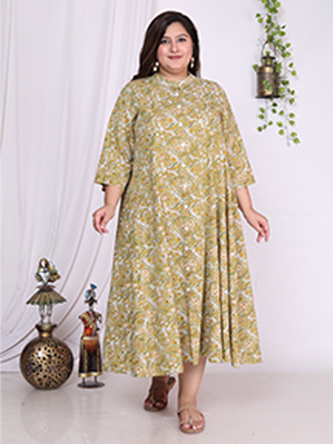 

KALINI Plus Size Floral Printed Mandarin Collar A-Line Dress, Green