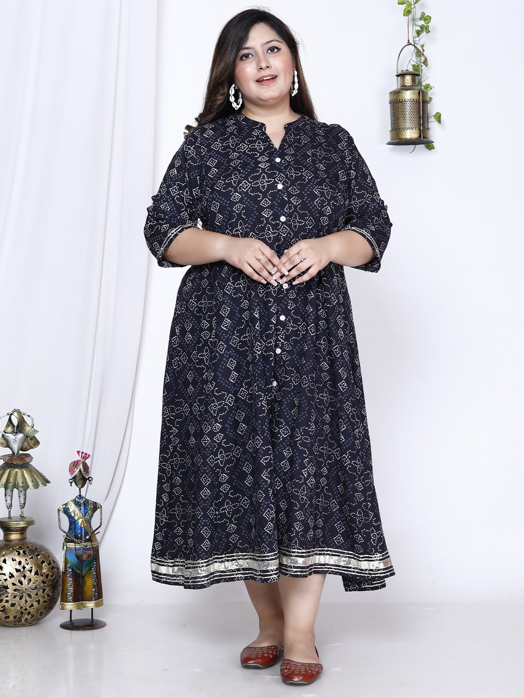 

KALINI Plus Size Floral Printed Mandarin Collar A-Line Dress, Black
