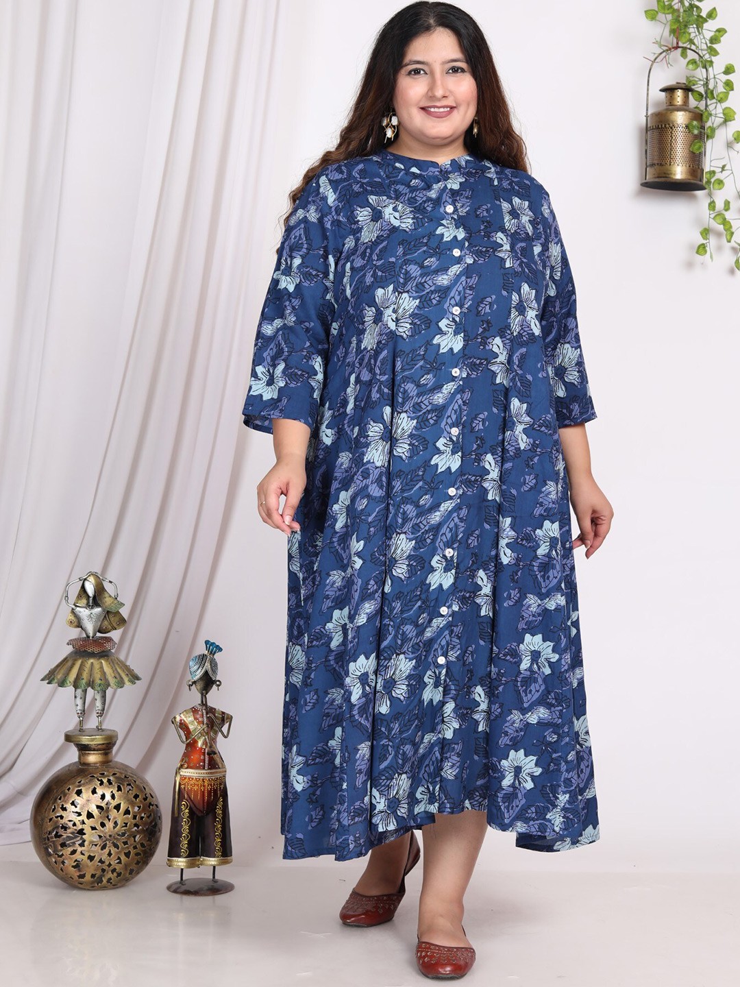 

KALINI Plus Size Floral Printed Mandarin Collar A-Line Dress, Blue