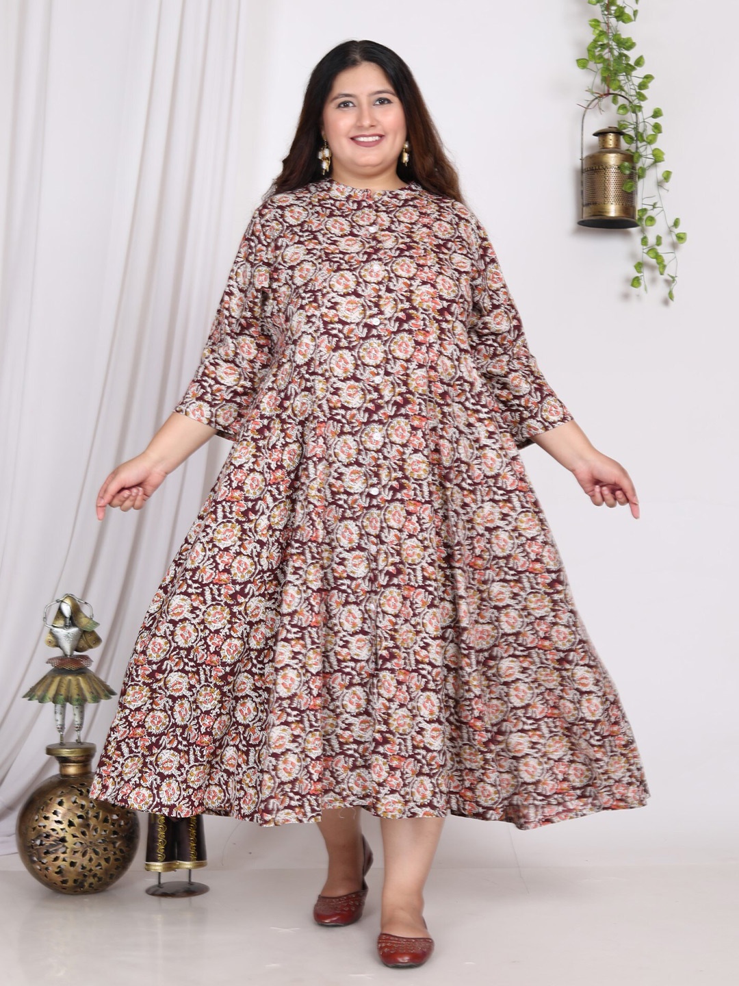 

KALINI Floral Print A-Line Midi Dress, Rust