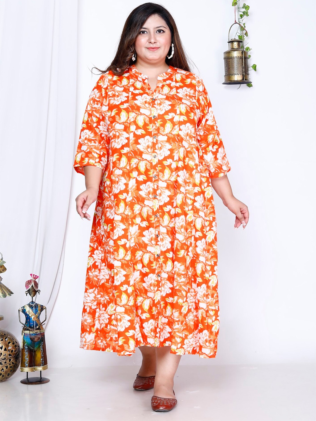 

KALINI Plus Size Floral Printed Band Collar A-Line Maxi Dress, Orange