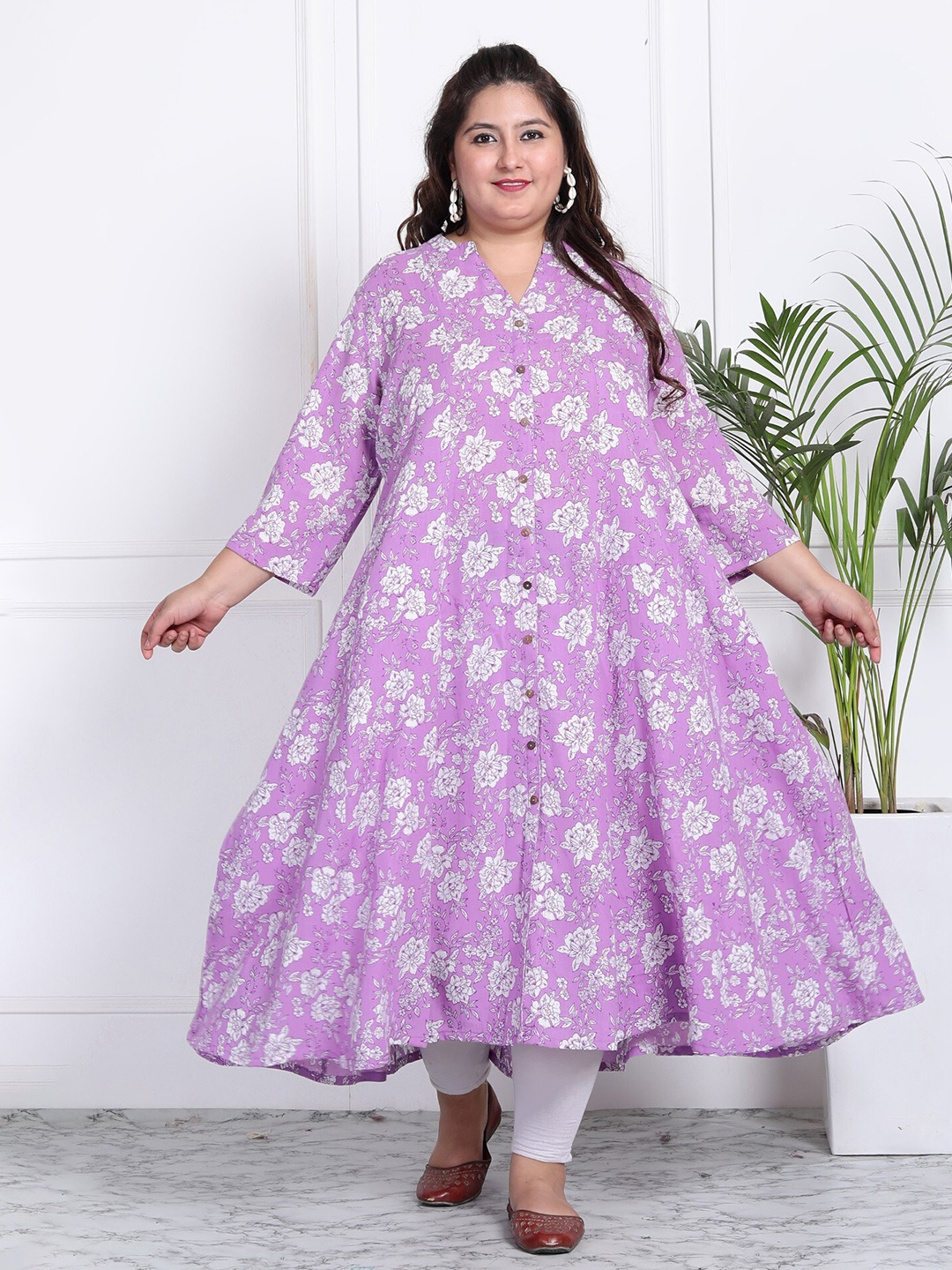 

KALINI Plus Size Ethnic Motifs Printed Panelled A-Line Kurta, Purple