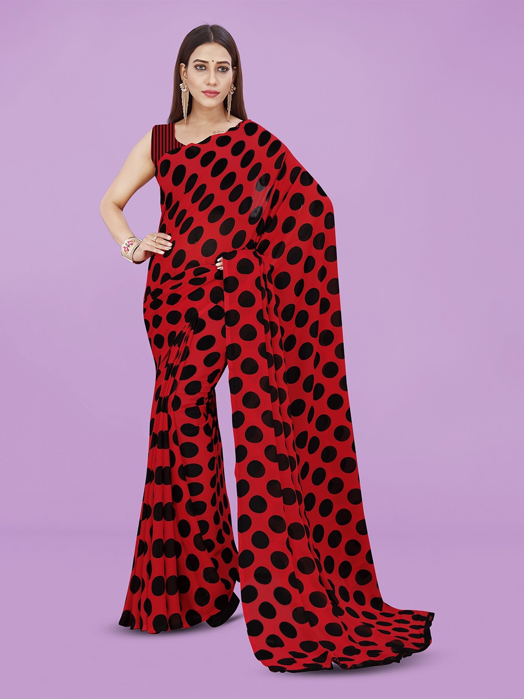 

Moda Rapido Polka Dot Printed Saree, Red