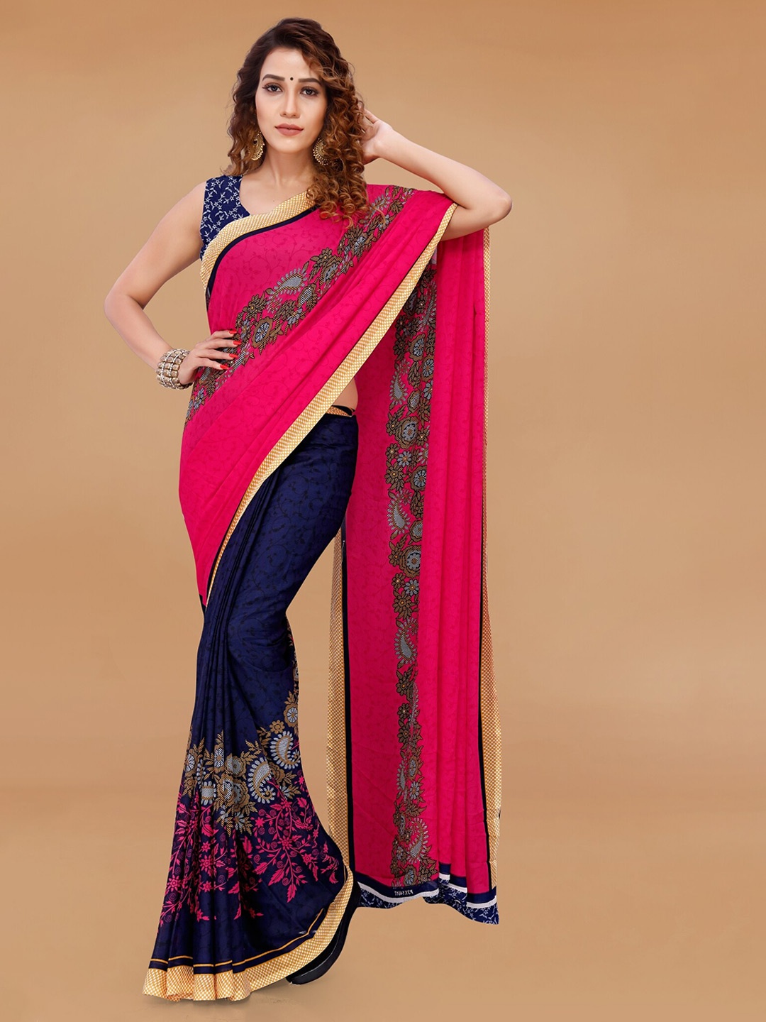 

Moda Rapido Floral Printed Half and Half Saree, Pink