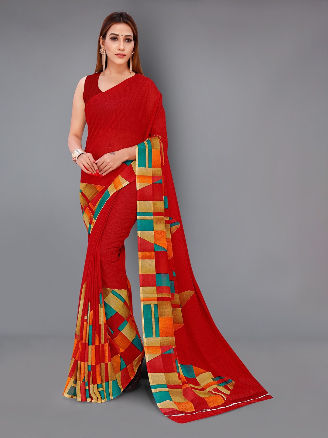 

ANAND SAREES Geometric Printed Saree, Red