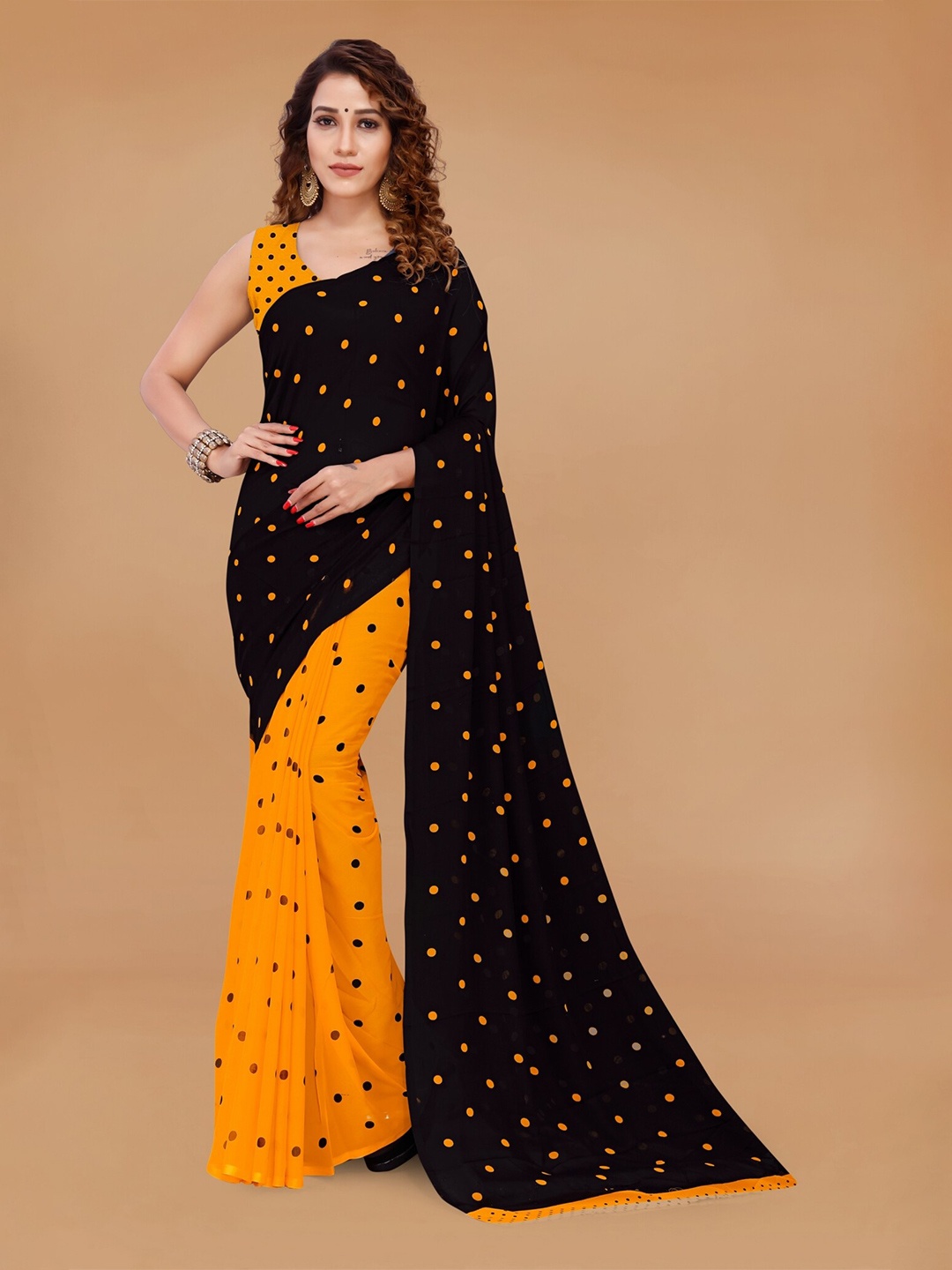 

Moda Rapido Polka Dot Printed Half & Half Georgette Saree, Black