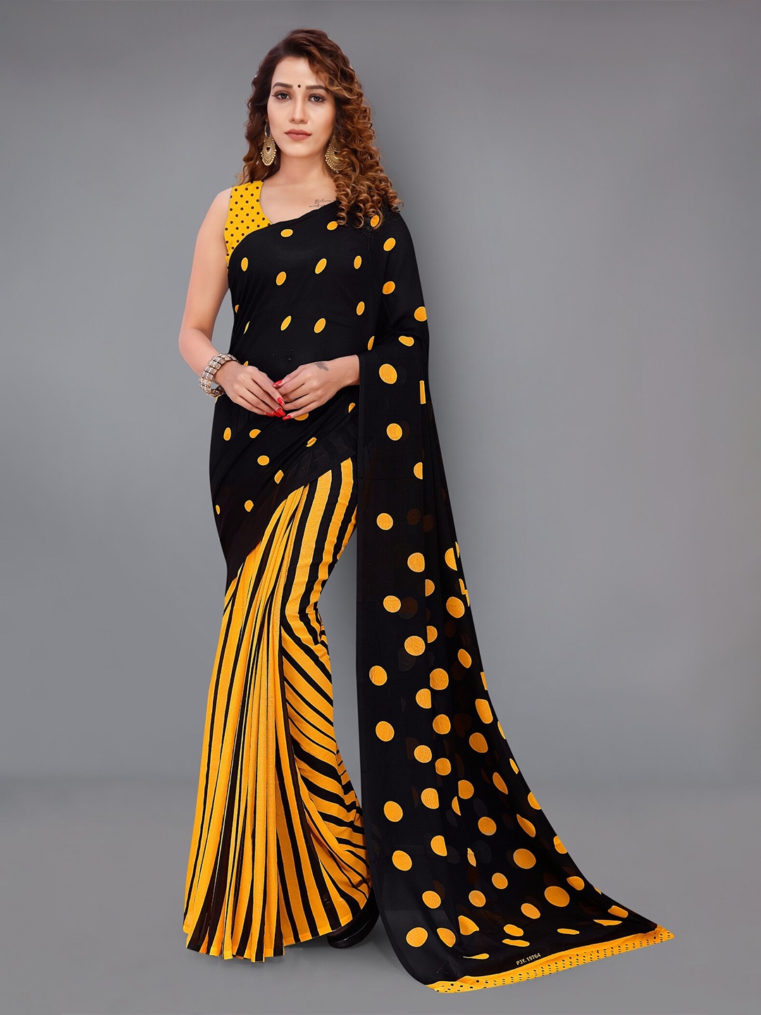 

Moda Rapido Polka Dots Printed Half and Half Saree With Blouse Piece, Black