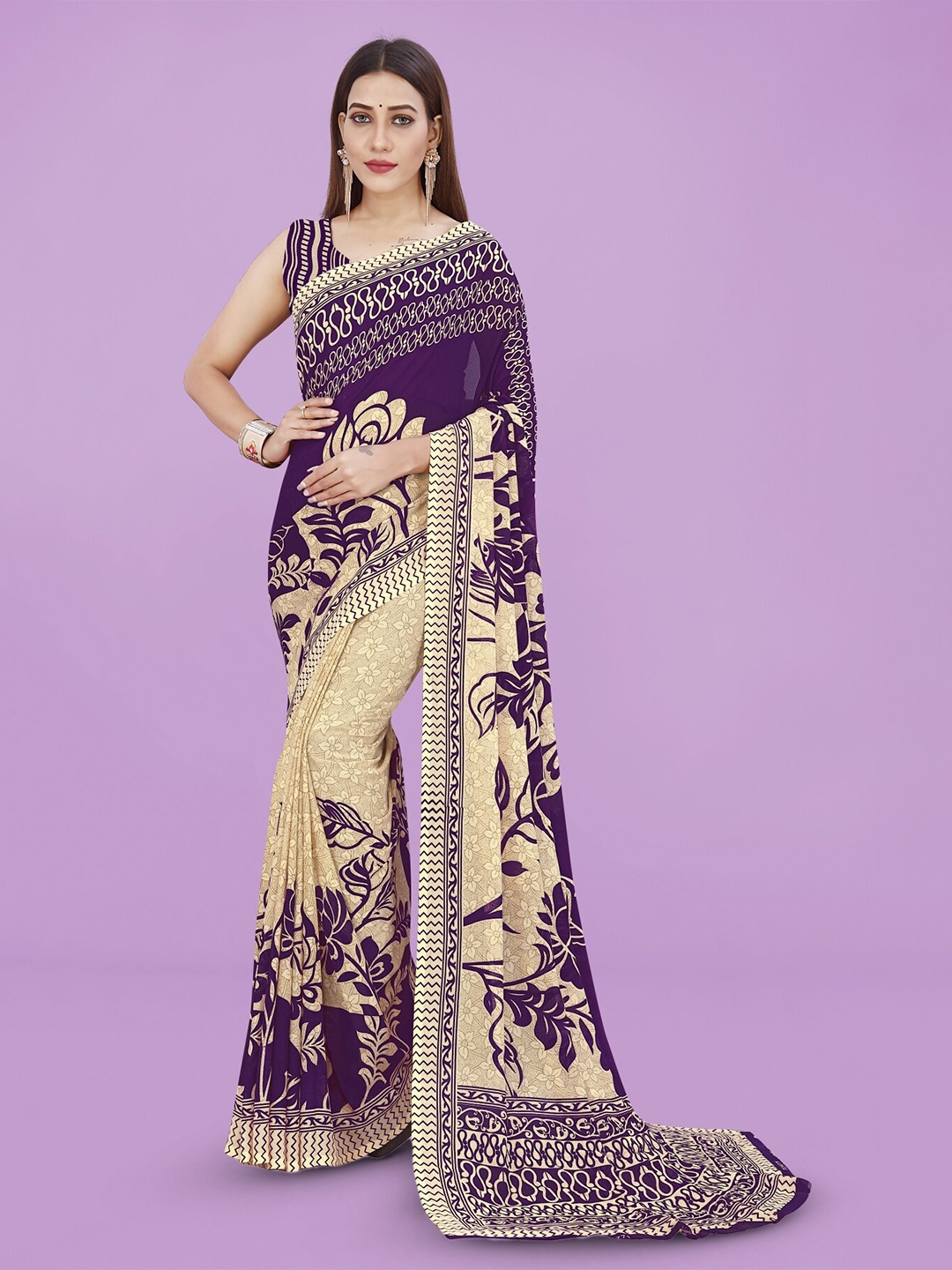 

ANAND SAREES Floral Printed Saree With Blouse Piece, Purple