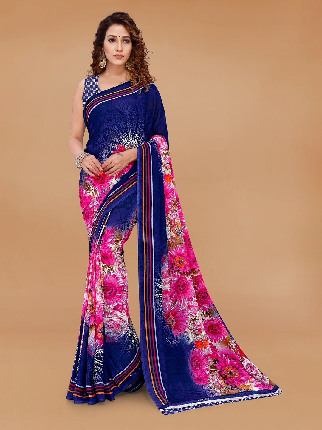 

Moda Rapido Floral Printed Saree With Blouse Piece, Blue
