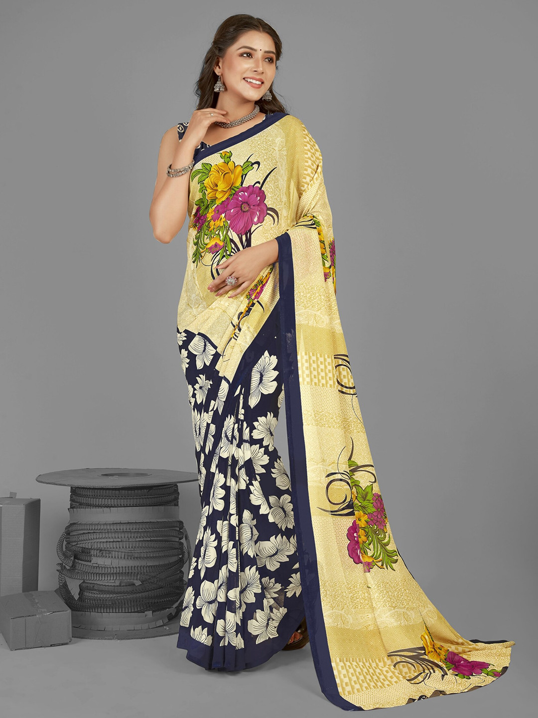 

ANAND SAREES Floral Printed Saree, Yellow