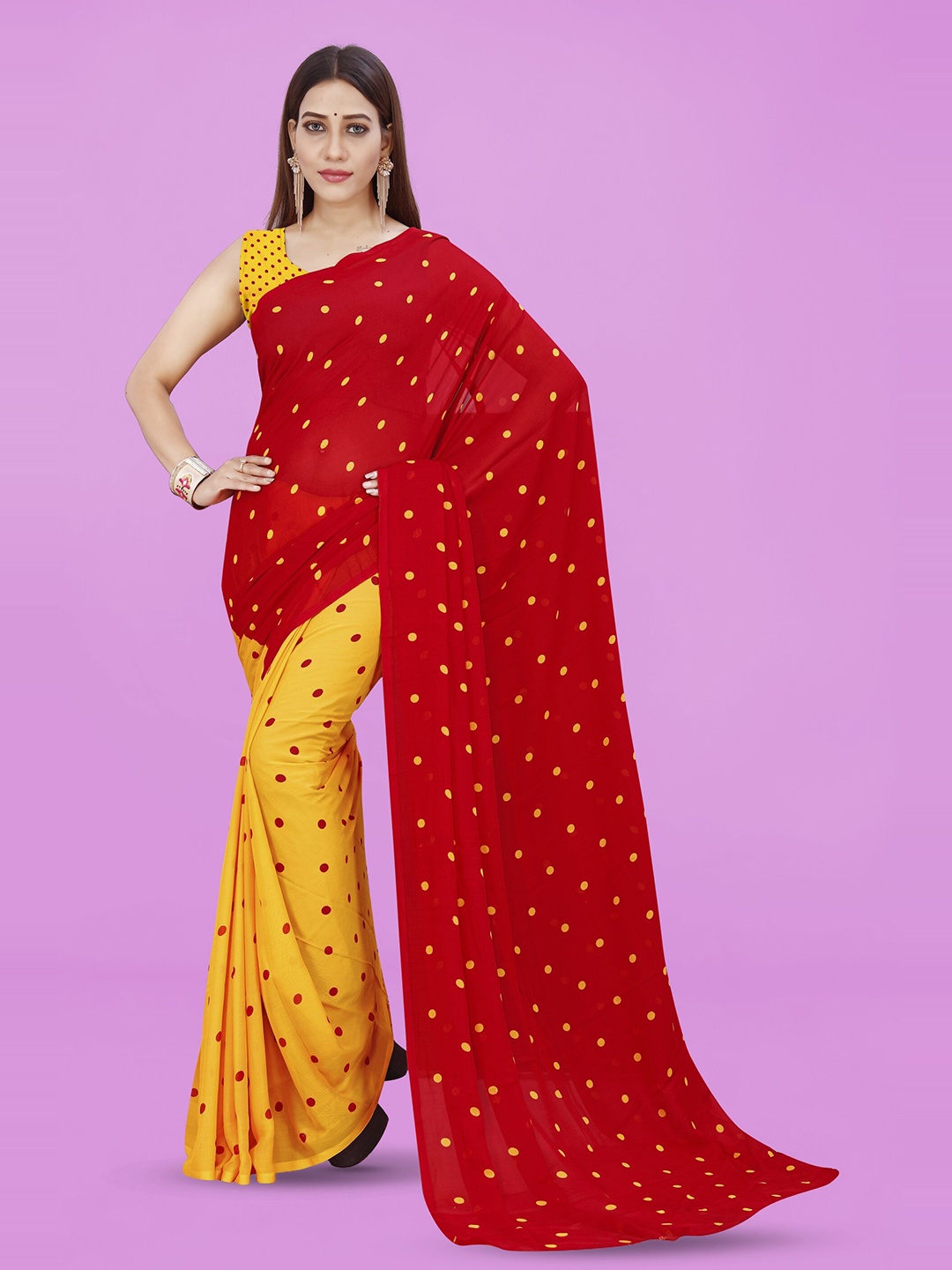 

Moda Rapido Polka Dot Printed Saree, Red