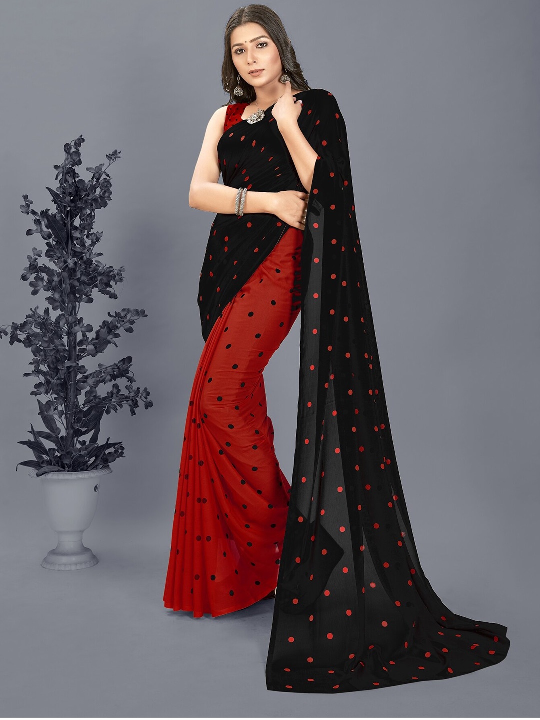 

Moda Rapido Polka Dot Half and Half Saree With Blouse Piece, Red