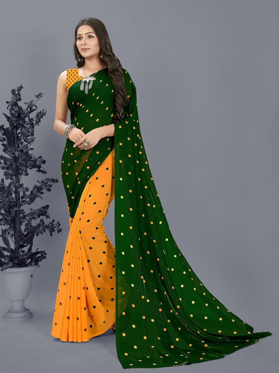 

Moda Rapido Polka Dots Printed Half and Half Saree With Blouse Piece, Green