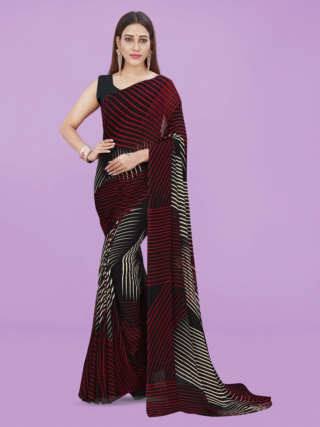 

Moda Rapido Striped Printed Saree, Black