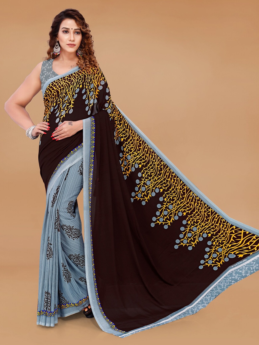 

Moda Rapido Ethnic Motifs printed Georgette Half and Half Saree, Brown