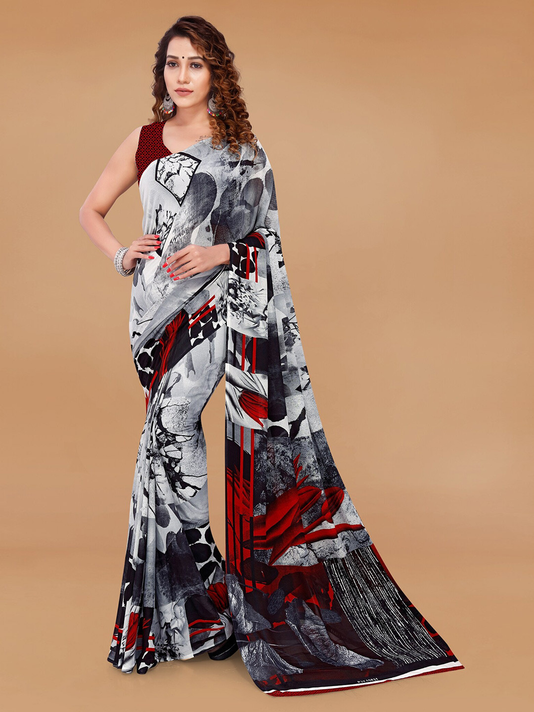 

Moda Rapido Abstract Printed Saree, Grey