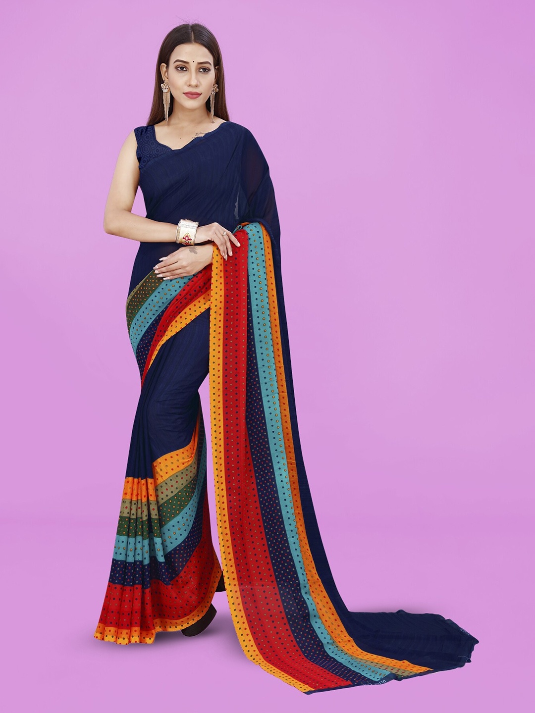 

ANAND SAREES Striped Printed Saree, Navy blue