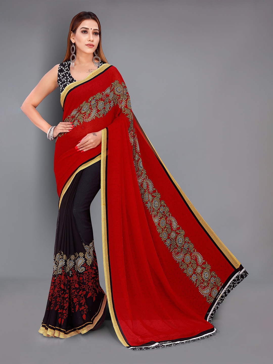 

Moda Rapido Ethnic Motifs Printed Half and Half Saree With Blouse Piece, Red