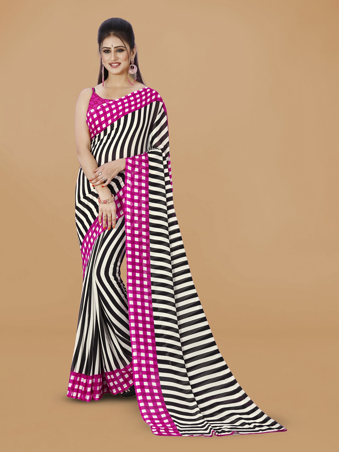 

ANAND SAREES Striped Printed Saree, Pink