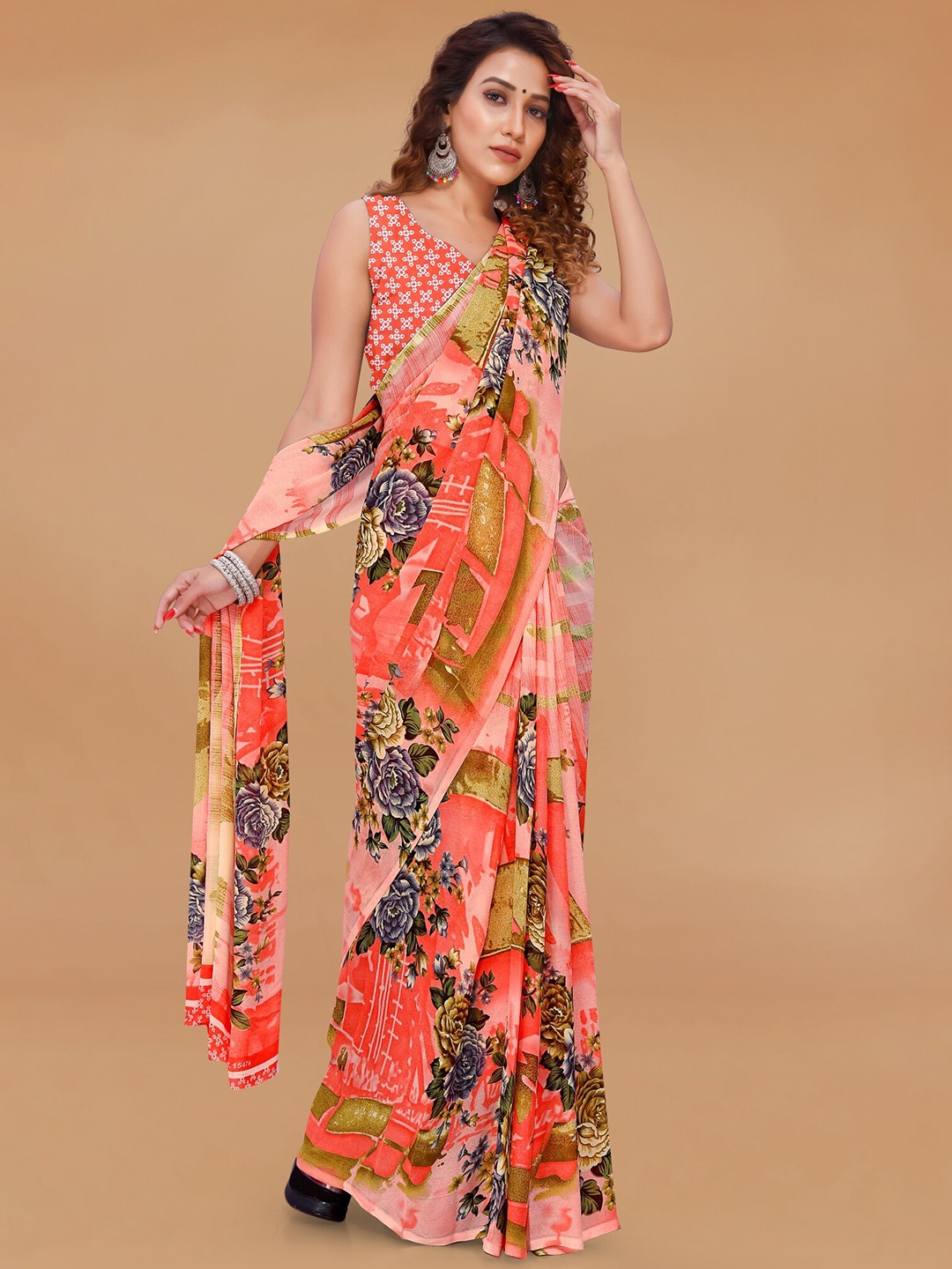 

Moda Rapido Floral Printed Saree, Orange