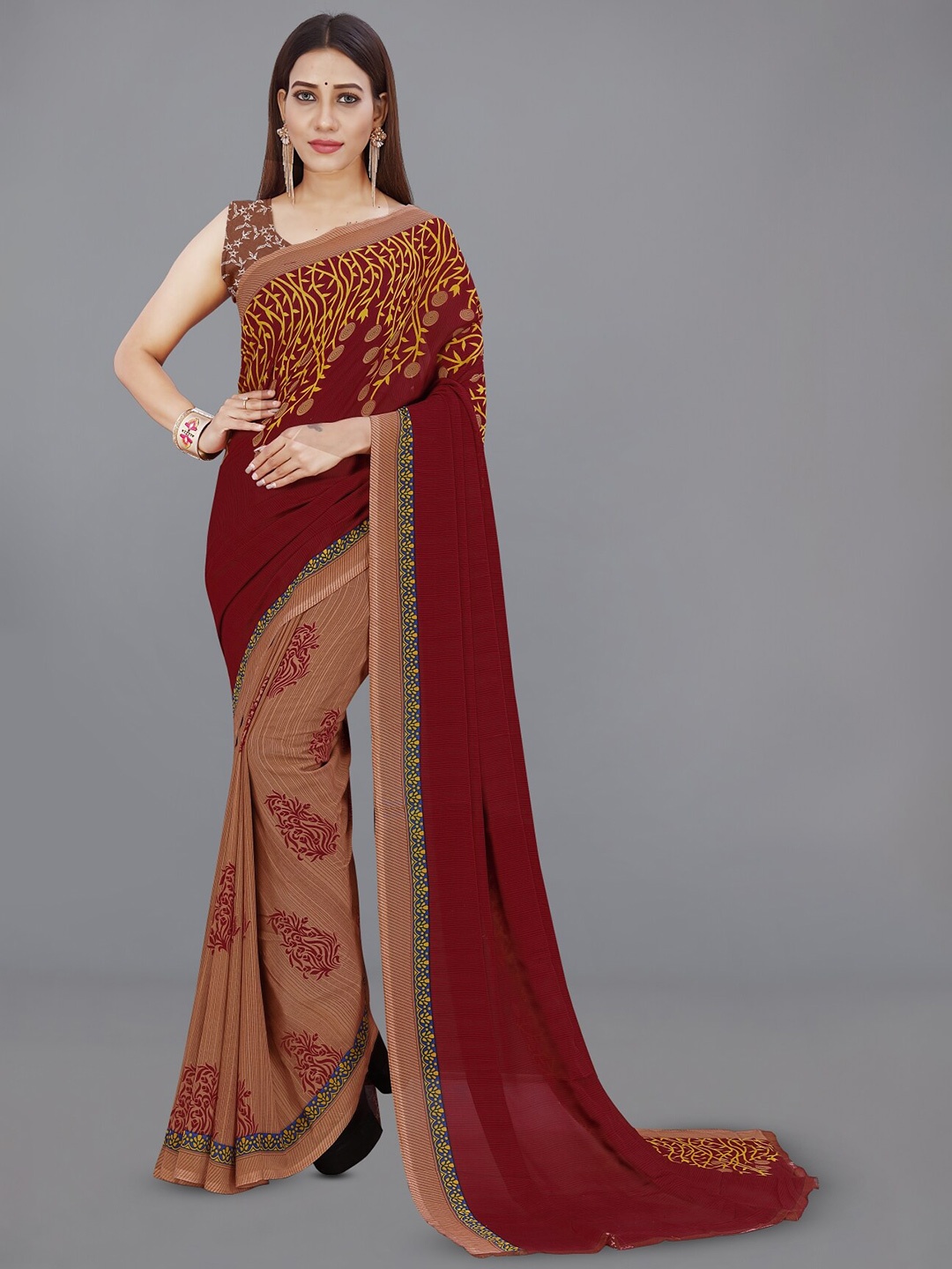 

Moda Rapido Ethnic Motifs Half and Half Saree With Blouse Piece, Brown