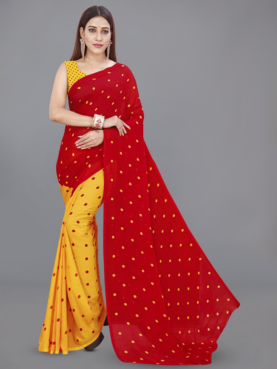 

Moda Rapido Polka Dot Printed Georgette Saree, Red