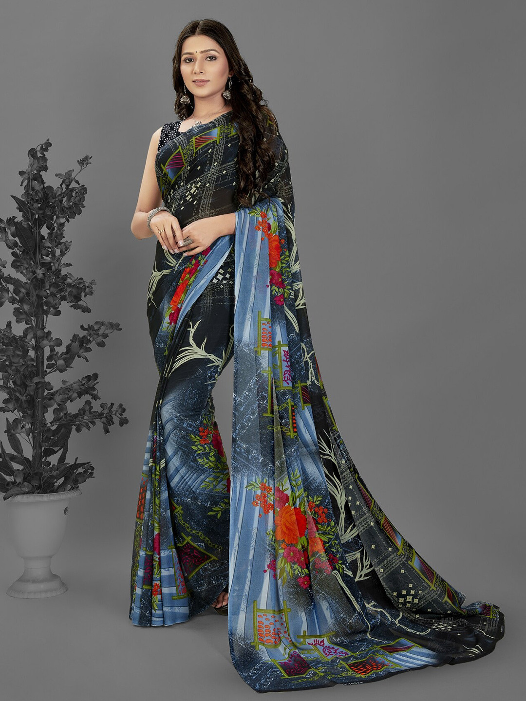 

ANAND SAREES Floral Printed Saree, Blue
