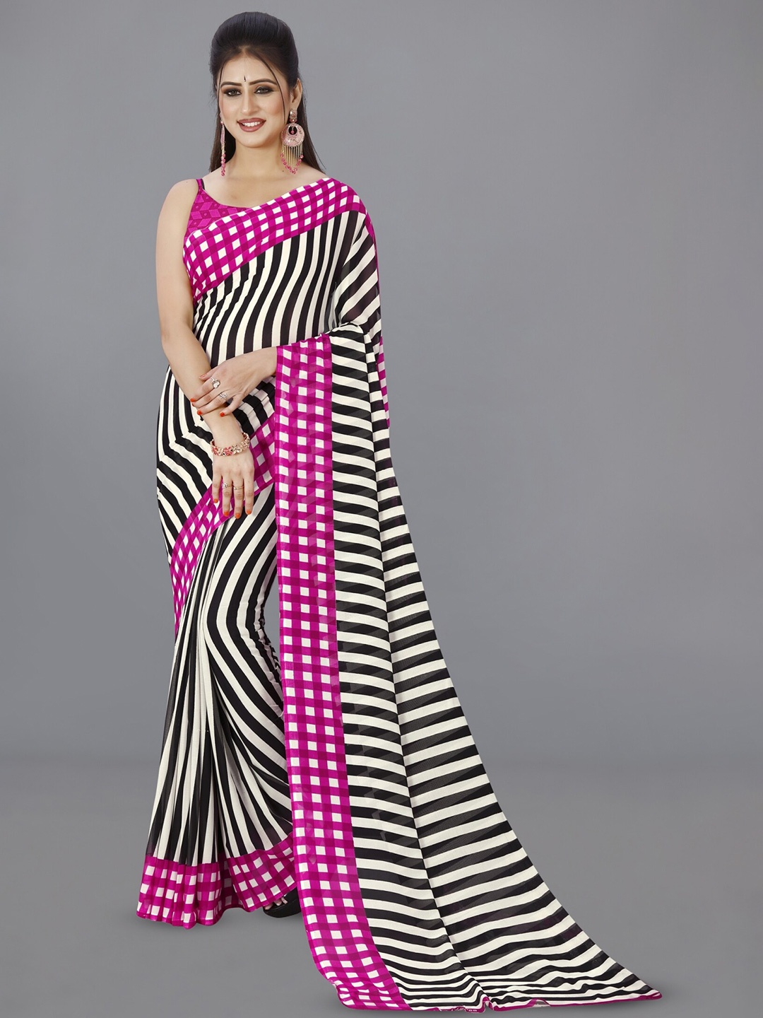

ANAND SAREES Striped Printed Saree, Pink