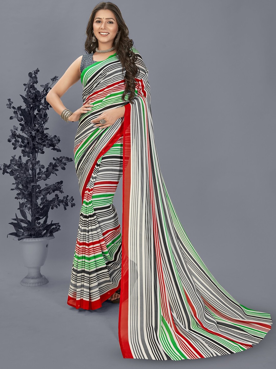 

ANAND SAREES Striped Printed Saree, Grey