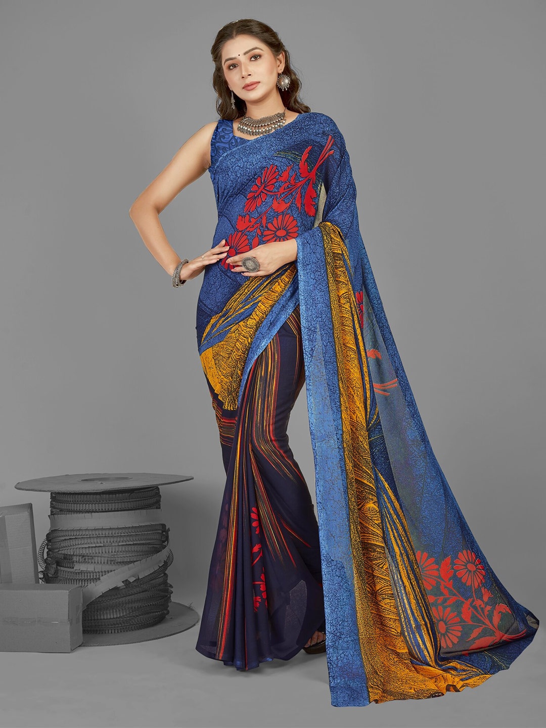 

ANAND SAREES Floral Printed Saree with Blouse Piece, Blue