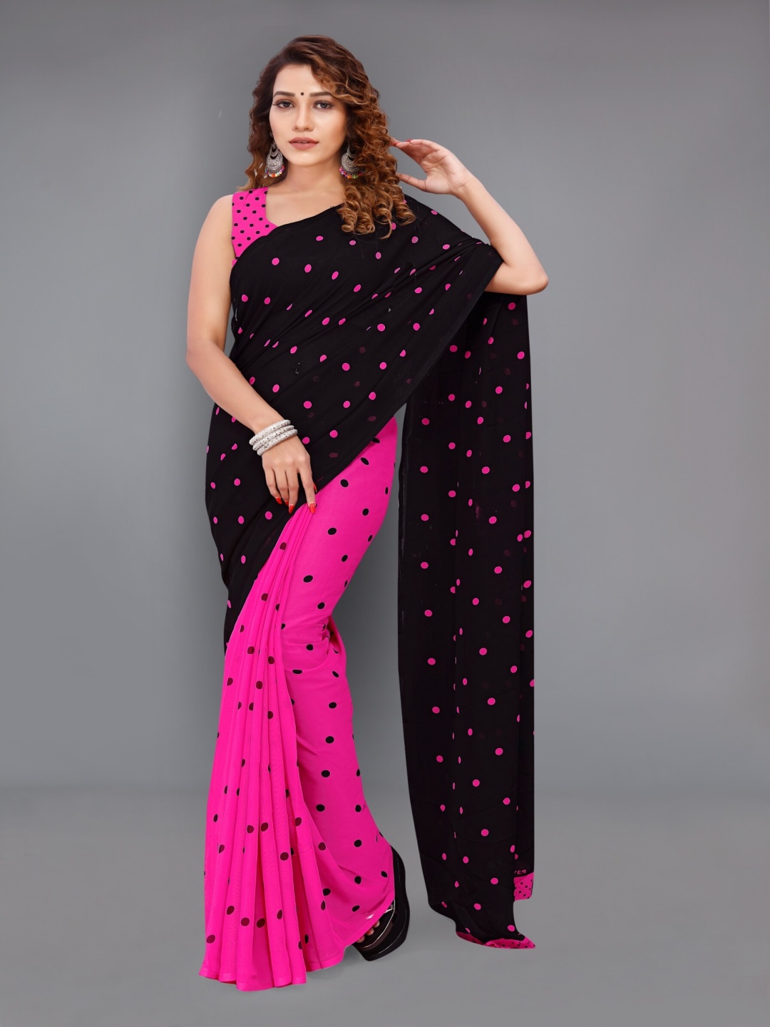 

Moda Rapido Polka Dot Printed Georgette Saree, Black